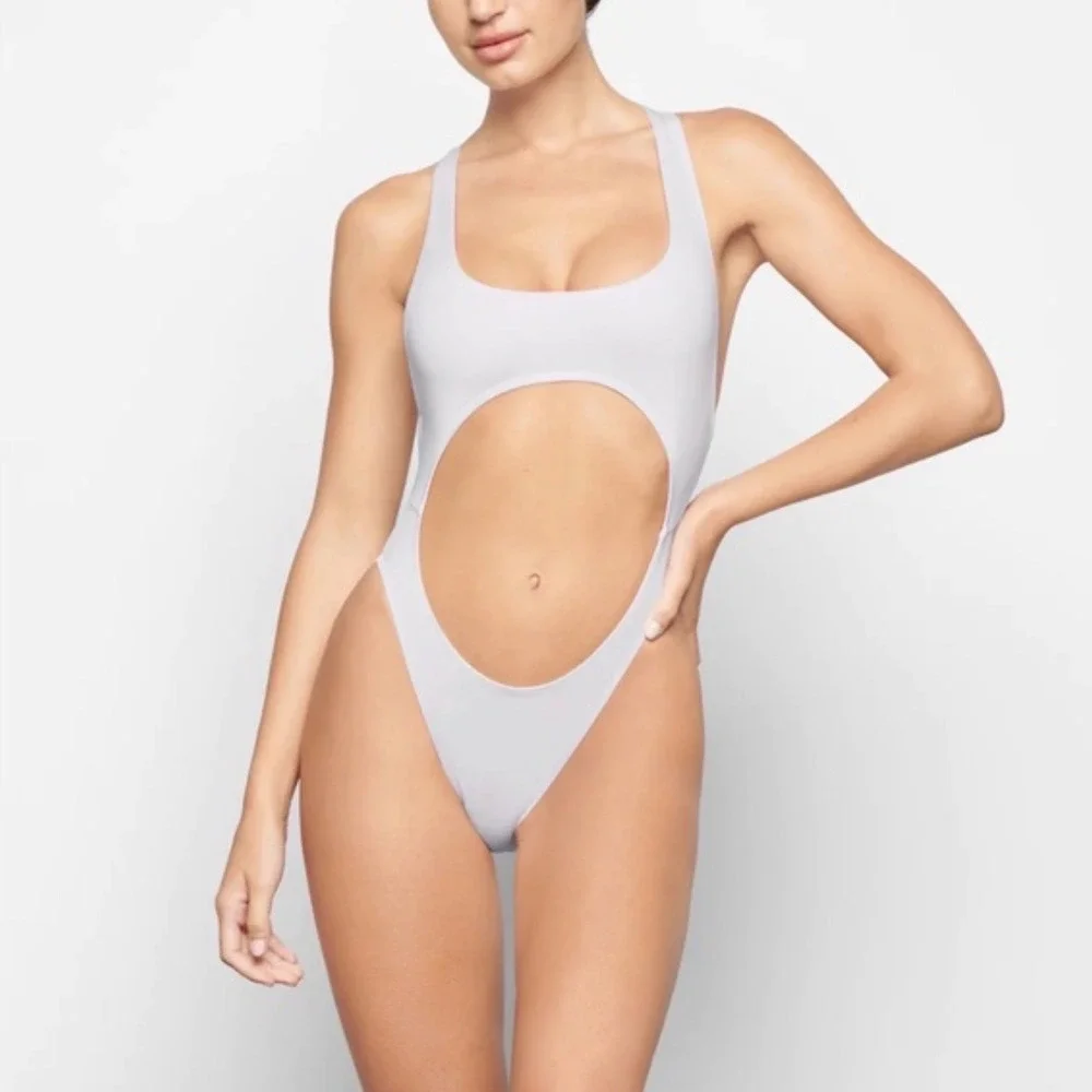 SKIMS Swim Scoop Neck Monokini Marble White Cutout One Piece Women's Large